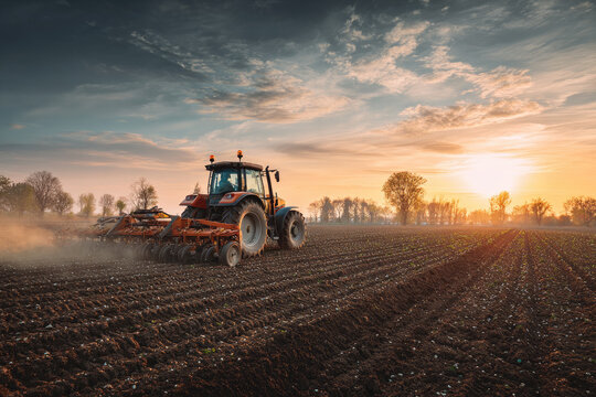 Tractor drives across large field making special beds for sowing seeds into purified soil. Agricultural vehicle works at sunset in countryside