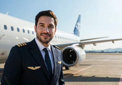 A confident male commercial pilot standing beside an airplane on a runway. soft smile, looking at viewer