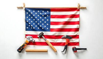 USA Labor day concept, Happy Labor day banner, poster, flyer, american patriotic background, American flag with different construction tools, created with generative ai