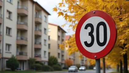 Red, white traffic sign with black lettering indicates 30 km h speed limit in urban area. Residential buildings, tree-lined street are in background. Road safety sign for speed regulation in city.