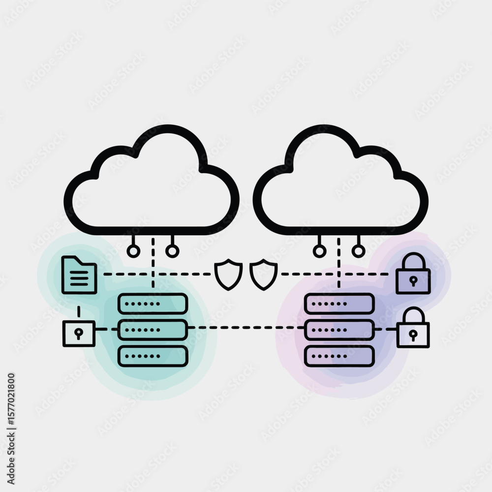 Poster pastel cloud server data compliance system graphic two cloud servers connected secure data transfer 