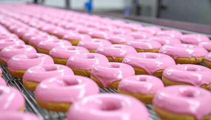 Pink glazed donuts on a conveyor belt