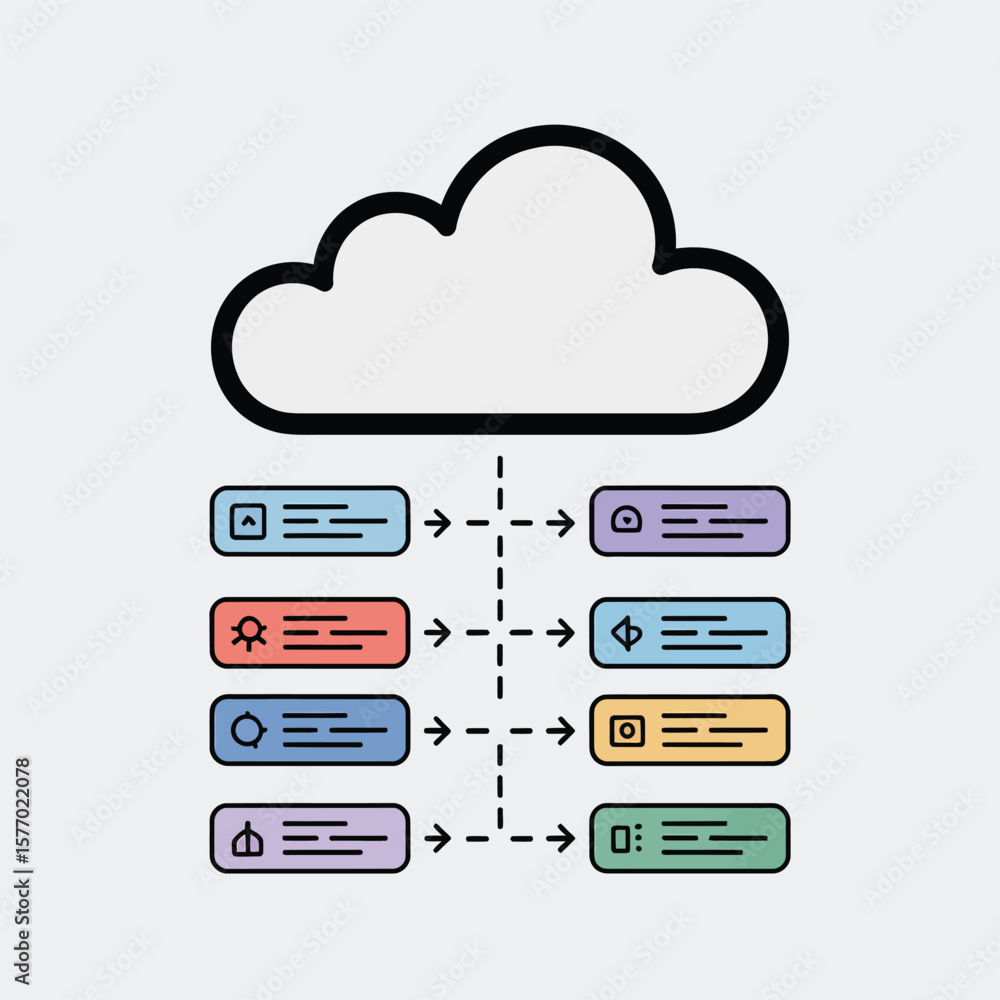 Poster pastel colored data blocks connected to a simple line art cloud icon via arrows indicating data tran