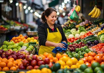 Smiling woman in a yellow apron cleans produce at an outdoor market stall filled with fruits and vegetables.