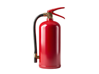 Red fire extinguisher with brass accents and black hose isolated on transparent background
