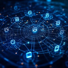Obraz premium Digital data security shown with glowing lock icons connected across an abstract network, highlighting technology and secure systems.