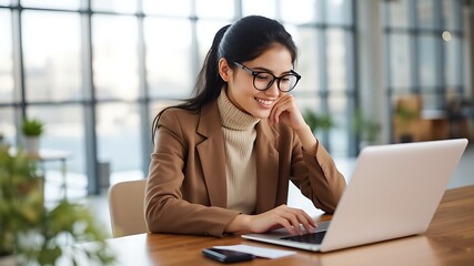Smiling young businesswoman wearing glasses and a tan blazer works on a laptop in a bright modern office setting