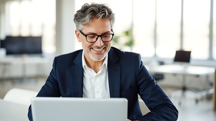Smiling middle aged businessman with glasses and gray hair wearing a navy suit and white shirt working on a laptop in a bright office
