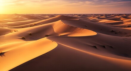 Endless Dunes at Sunset, Serene Sahara Desert Landscape with Golden Light and Rolling Sand Dunes
