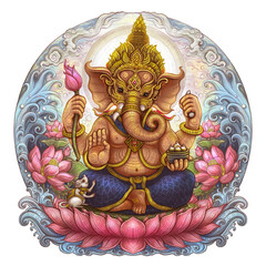 Detailed digital illustration of Lord Ganesha sitting on a lotus in vibrant Thai style. Includes floral, wave motifs, and symbolic gestures. Ideal for spiritual or decorative themes.