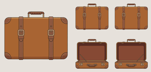 Vintage brown leather suitcases open and closed with buckle straps