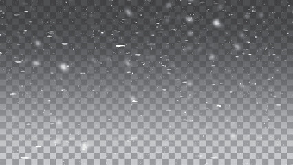 Snow overlay dust with sparkling snowflakes. Snowfall and winter snowstorm on clear transparent background. 