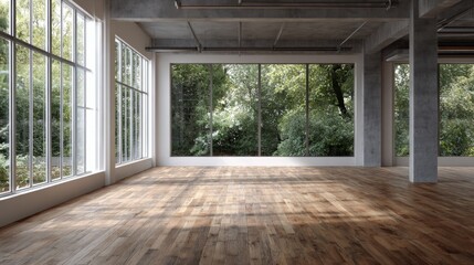 Obraz premium Spacious room with hardwood floor large windows and view of lush greenery