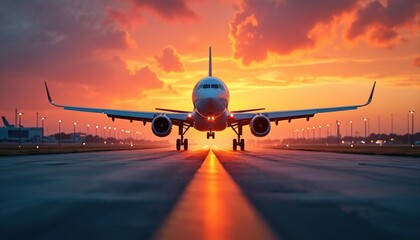 White airplane with red lights on its tail taxiing on runway. Vibrant orange sunset sky background. Airport scenery with other planes. Civil jet aircraft at aerodrome.