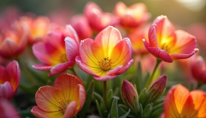 Obraz premium Close-up of vibrant orange flowers in a garden scene. Yellow center surrounded by green leaves, creating a fresh and inviting look. Circular pattern of blooms against light beige backdrop.