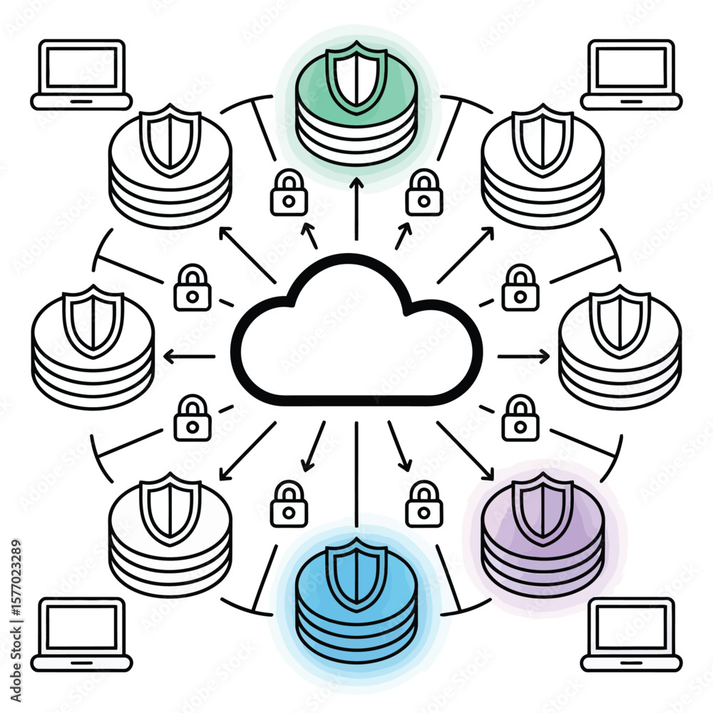 Poster pastel green purple and blue cloud network security data server protection illustration showing secu