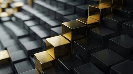 Business Growth in an Ascending Black and Gold Cube Chart, Generative AI.