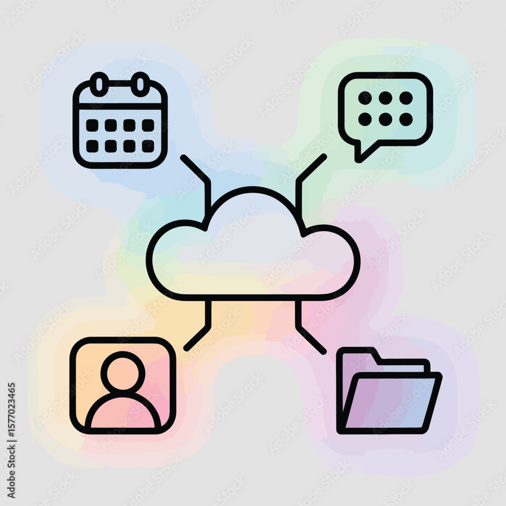 Poster pastel rainbow gradient background cloud computing network illustration featuring connected icons ca