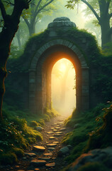 Fototapeta premium Ancient stone archway leads into a mystical forest path bathed in sunlight.