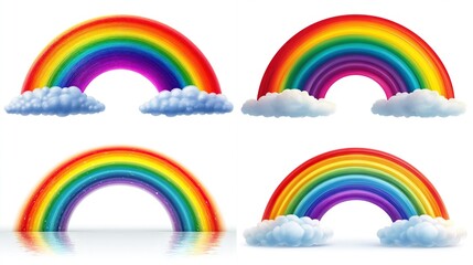 Digital rainbows illustrations, floating on fluffy white clouds, set against a clean white background for design