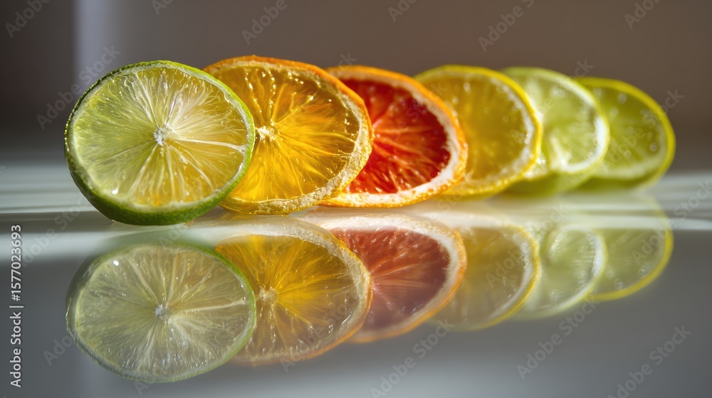 Poster bright citrus slices arranged on a glass table with light reflections showcasing vivid colors and te