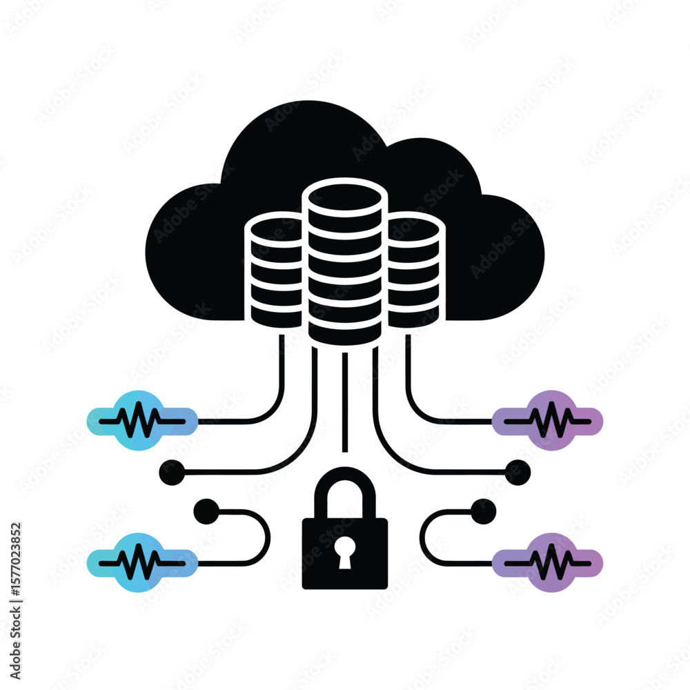 Poster secure cloud database vector illustration black database servers connected to secure padlock symbol 
