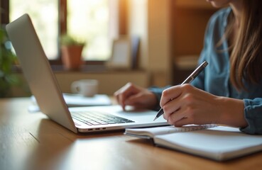 Woman writes in notebook at wooden desk with laptop and cup of coffee. Indoors, natural light comes through window for productive work space. Notebooks pages open for note taking.