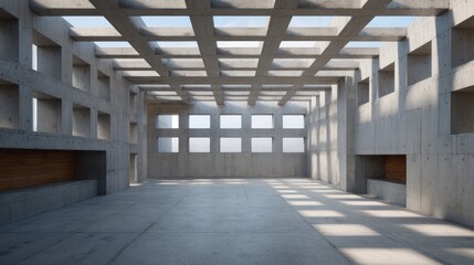 Indoor-outdoor concrete venue with open ceiling grid casting lattice shadows volumetric light scattering gaps cool industrial palette with