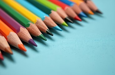 Close-up of colorful pencils collection on light blue background. 14 colorful pencils in line, various shades, colors, vibrant, lively scene, order, harmony, uniform colors. Pencils on blue