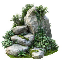 Natural Stones in Grass Isolated on White Background for Outdoor and Nature Texture Display

