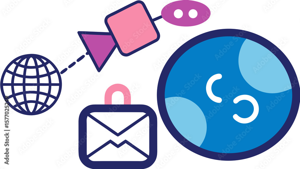 Poster graphic illustration of a globe satellite email and planet in a stylized design on a white backgroun