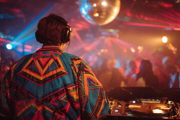 Naklejka premium DJ spinning vinyl at vibrant nightclub party