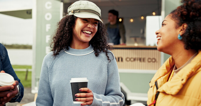 Happy, food truck and friends with coffee in city for bonding, conversation and relax on weekend. Talking, social gathering and people with drink by mobile cafe, restaurant and vendor for hangout