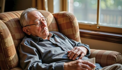 elderly man napping in a cozy armchair by a window