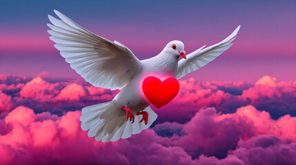 Obraz premium Dove Flying with Heart Symbol Against Pink Sky for Love and Peace Concept