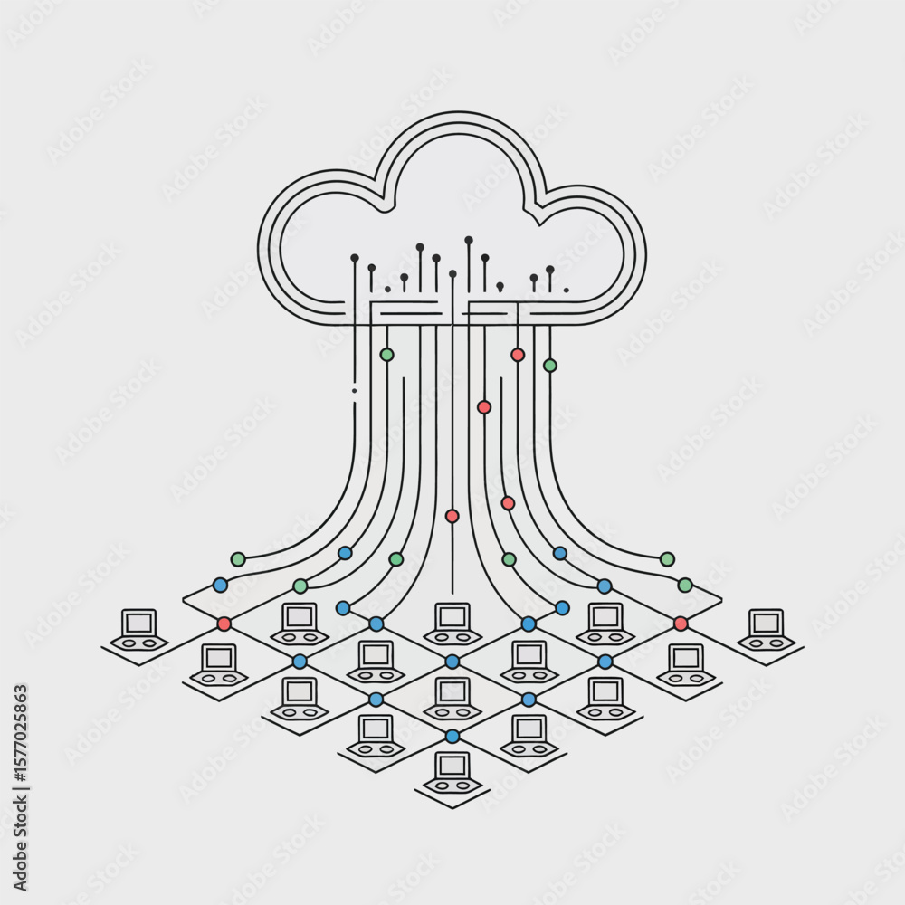 Poster stylized cloud computing network illustration white cloud connected multiple laptops lines red green