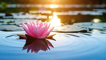 Pink lotus flower on water at sunset