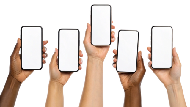 Diversity Hands Holding Phones with White Screens on Transparent Background