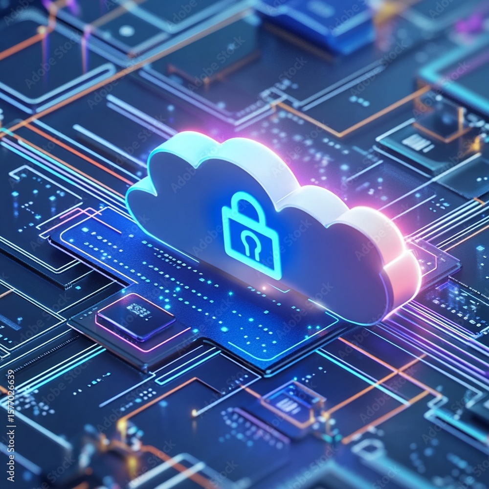Poster secure cloud computing illustrated with a glowing padlock inside a cloud on a motherboard, symbolizi