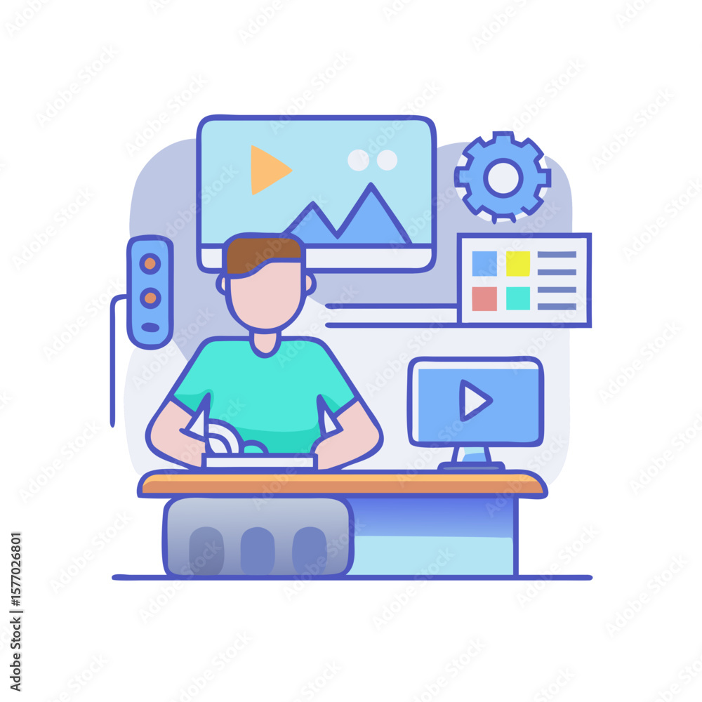 Poster creative professional working on a computer with video editing software
