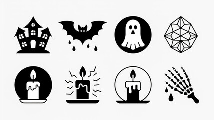 A set of eight black and white Halloween-themed icons arranged in a 2x4 grid on a light gray background.