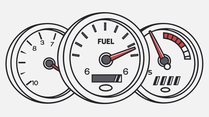 Naklejka premium Illustration of three gauges showing fuel level, speed, and mileage with red needles and black outlines