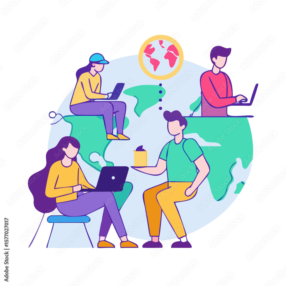 Poster diverse team collaborating globally on laptops with a world map background