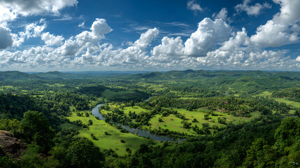 Fototapeta premium A Majestic Panoramic Vista with Rolling Hills and Serene River Under a Brilliant Azure Sky