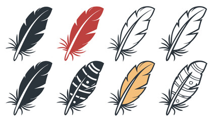 Feather illustration set of different colors and styles for native american design and boho decoration element