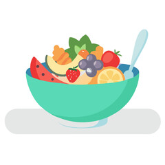 Healthy fruit salad in a teal bowl with a spoon
