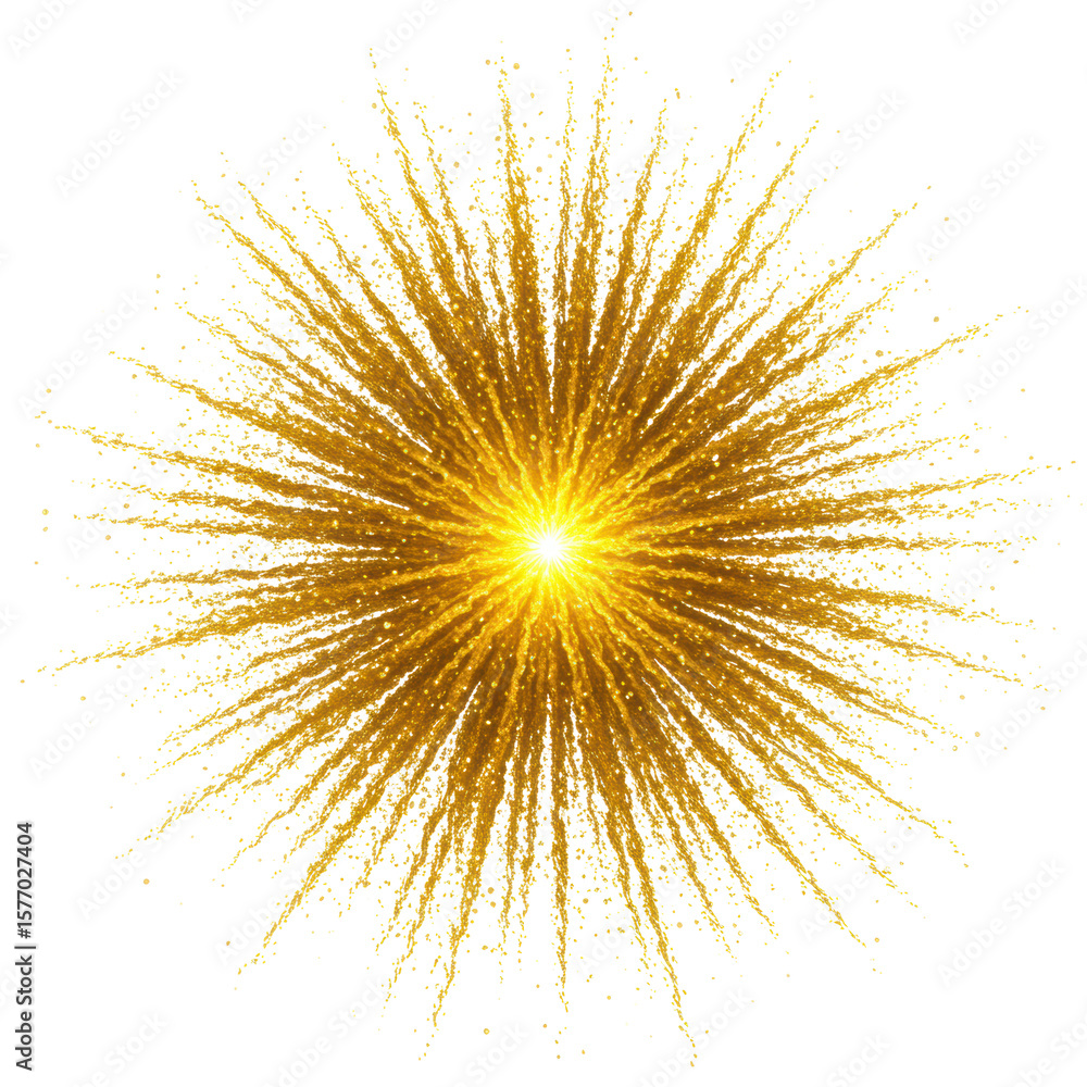 Poster a vibrant, symmetrical starburst with a brilliant yellow core and sparkling golden particles radiati