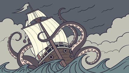 A ship being attacked by a giant octopus with large tentacles in a stormy sea with cloudy sky