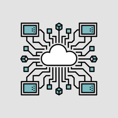 Teal and White Cloud Computing Network Architecture Icon Minimalist Graphic Featuring Central Cloud Connected to Multiple Devices via Circuitry Lines and Cubes