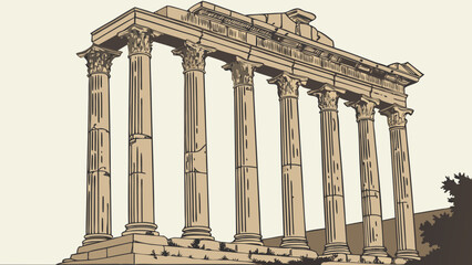 Obraz premium Illustration of a partially ruined ancient temple with tall columns and detailed architecture style design